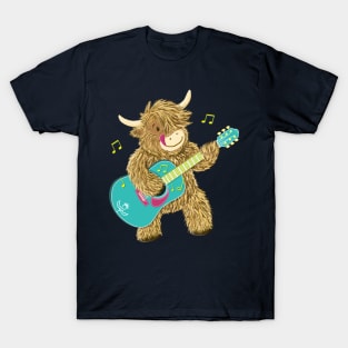 Cute Scottish Highland Cow Plays Guitar T-Shirt